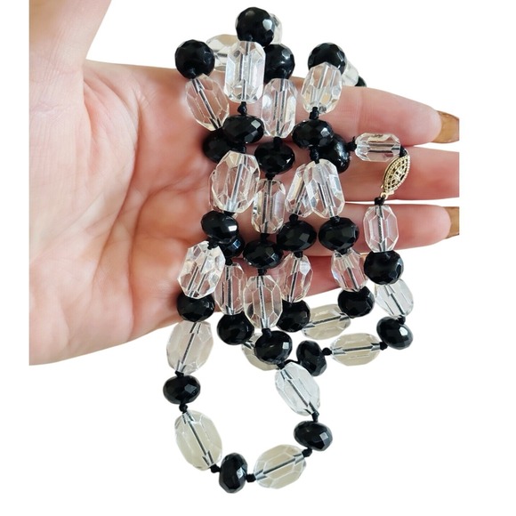 Vtg Czech Necklace Carved Clear Black Crystal Faceted Beads Sterling Silver 925